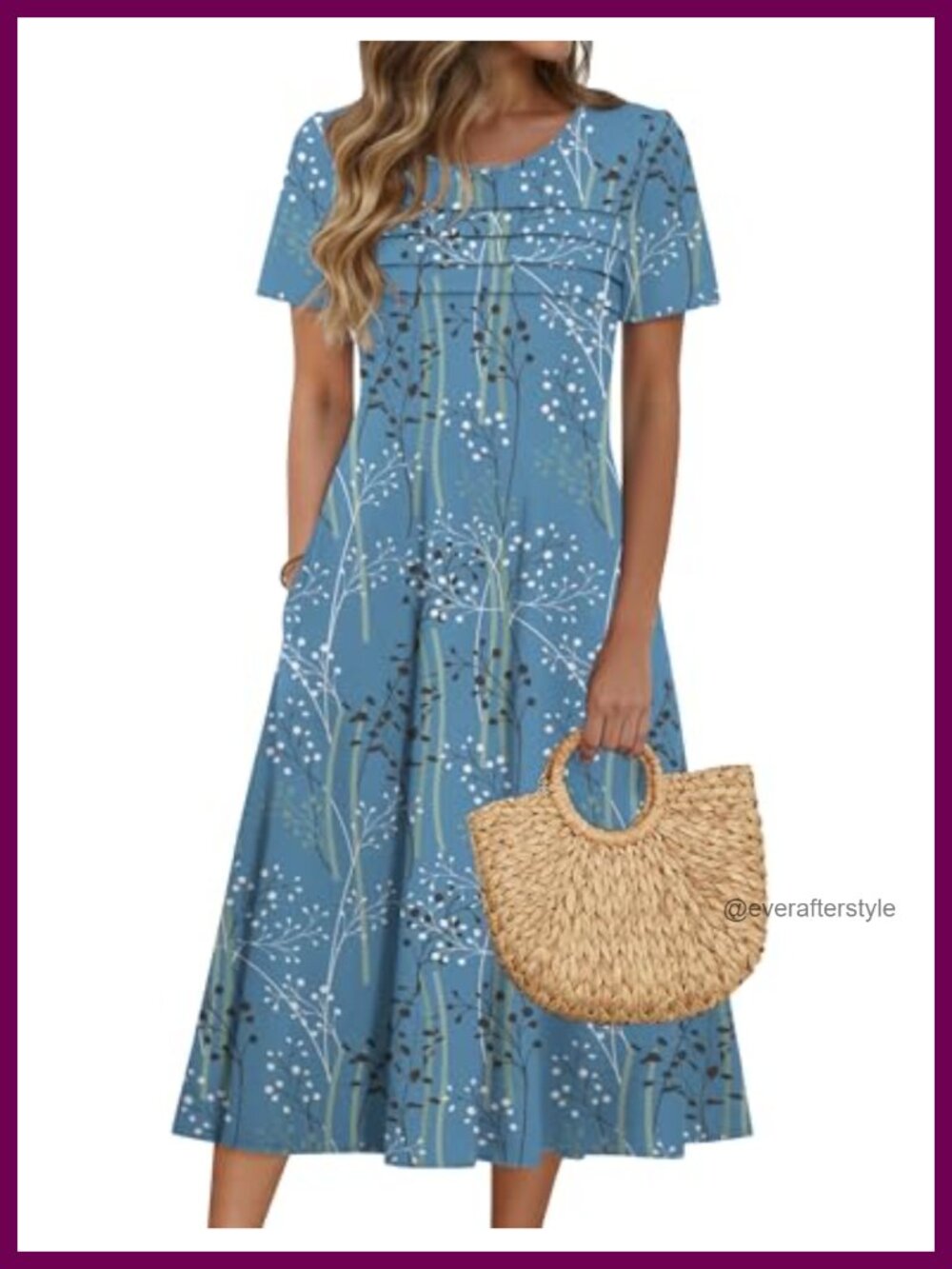 Floral Print Puff Sleeve Midi Dress with Pockets, A-Line Beach Sundress